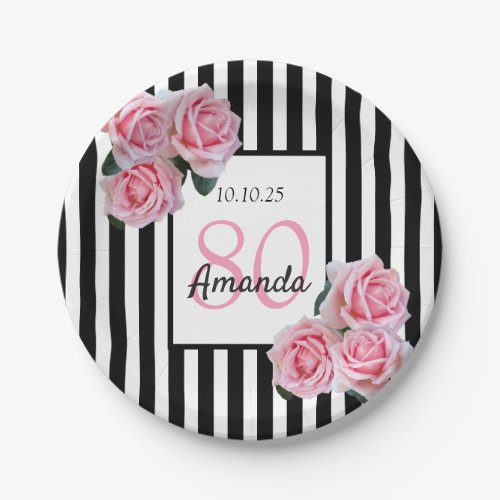 80th birthday pink florals on black white stripes paper plates