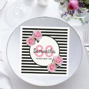 80th birthday pink flowers black stripes name napkins