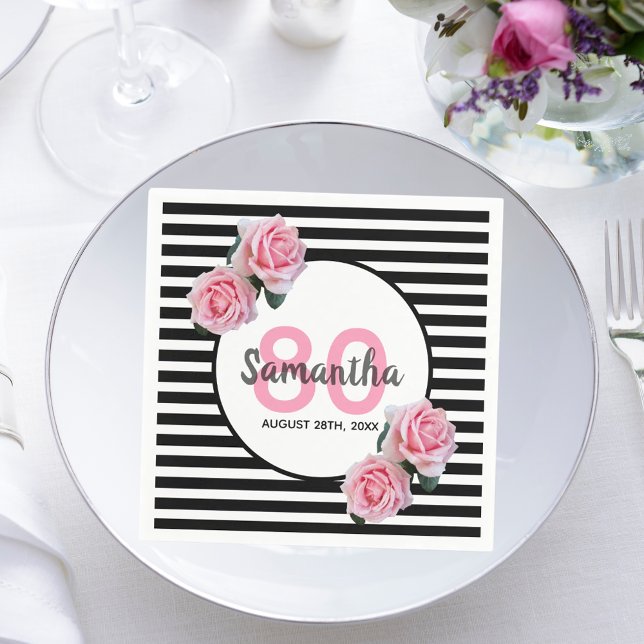 80th birthday pink flowers black stripes name napkins (Creator Uploaded)