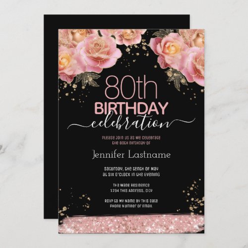 80th Birthday Pink Glitter Floral Invitations