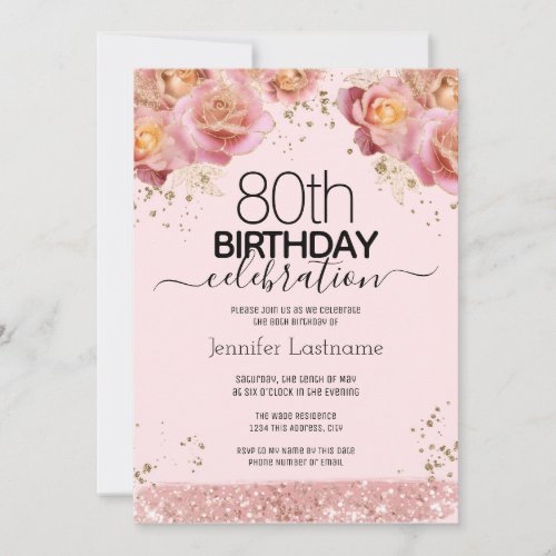 80th Birthday Pink Glitter Floral Invitations