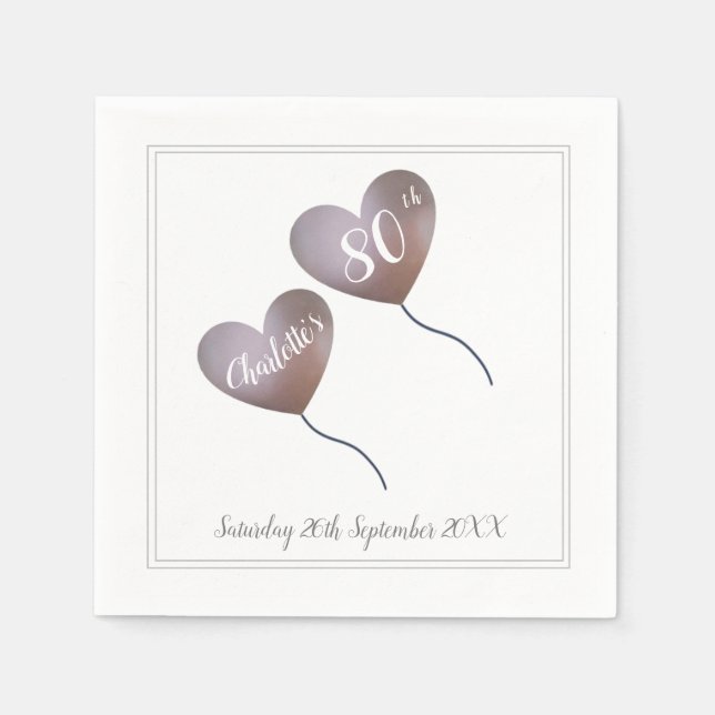 80th birthday pink heart balloon napkins (Front)