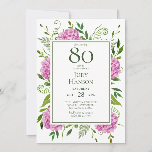 80th Birthday Pink Hydrangeas Card Request  (Front)