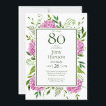 80th Birthday Pink Hydrangeas Card Request<br><div class="desc">This pink hydrangea 80th Birthday invitation with card request on the back is perfect for celebrating your wife, mom, aunt, sister, friend, grandmother. It's lovely watercolor flowers and clean type make it stunning, modern yet classic! It's super easy to make these invitations by selecting Personalize this template and typing in...</div>