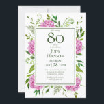 80th Birthday Pink Hydrangeas Card Request<br><div class="desc">This pink hydrangea 80th Birthday invitation with card request on the back is perfect for celebrating your wife, mom, aunt, sister, friend, grandmother. It's lovely watercolor flowers and clean type make it stunning, modern yet classic! It's super easy to make these invitations by selecting Personalize this template and typing in...</div>