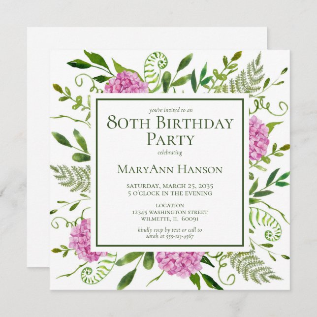 80th Birthday Pink Hydrangeas Card Request (Front/Back)