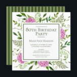 80th Birthday Pink Hydrangeas Floral Watercolor Invitation<br><div class="desc">This pink hydrangea 80th birthday brunch/party invitation is whimsical and stunning! With its watercolor multi-hued pink hydrangeas, wispy natural greenery, and coordinating green striped back it is perfect for any woman you love. By selecting Personalize this template and typing in your information you can see your gorgeous invitations in seconds!...</div>