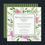 80th Birthday Pink Hydrangeas Floral Watercolor Invitation<br><div class="desc">This pink hydrangea 80th birthday brunch/party invitation is whimsical and stunning! With its watercolor multi-hued pink hydrangeas, wispy natural greenery, and coordinating green striped back it is perfect for any woman you love. By selecting Personalize this template and typing in your information you can see your gorgeous invitations in seconds!...</div>