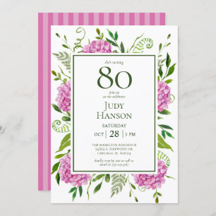 80th Birthday Pink Hydrangeas Invitation