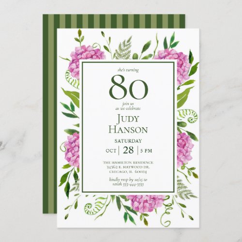 80th Birthday Pink Hydrangeas Invitation