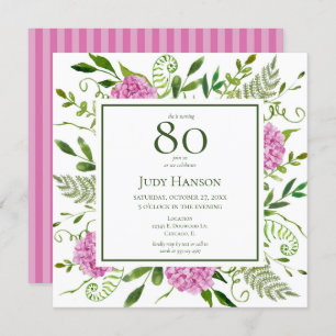 80th Birthday Pink Hydrangeas Invitation