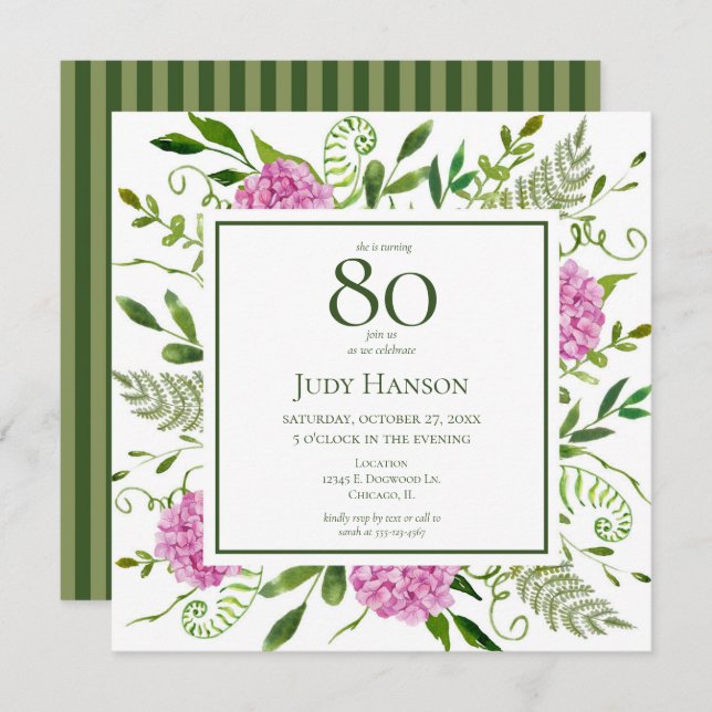 80th Birthday Pink Hydrangeas Invitation (Front/Back)