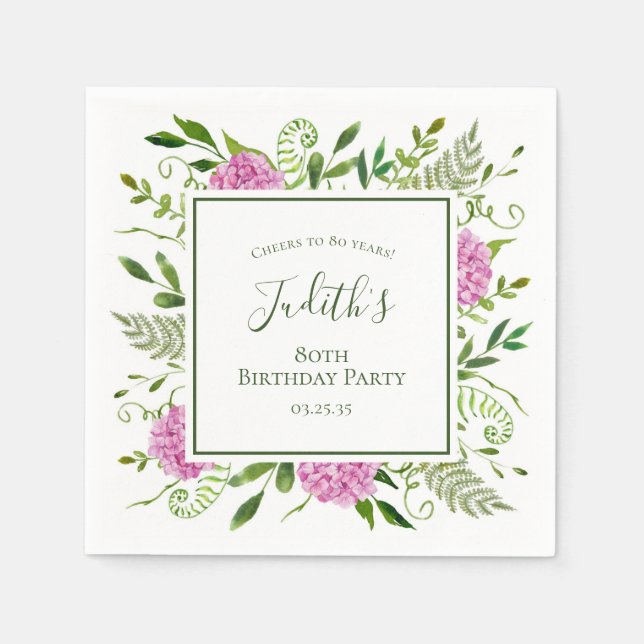 80th Birthday Pink Hydrangeas Napkins (Front)