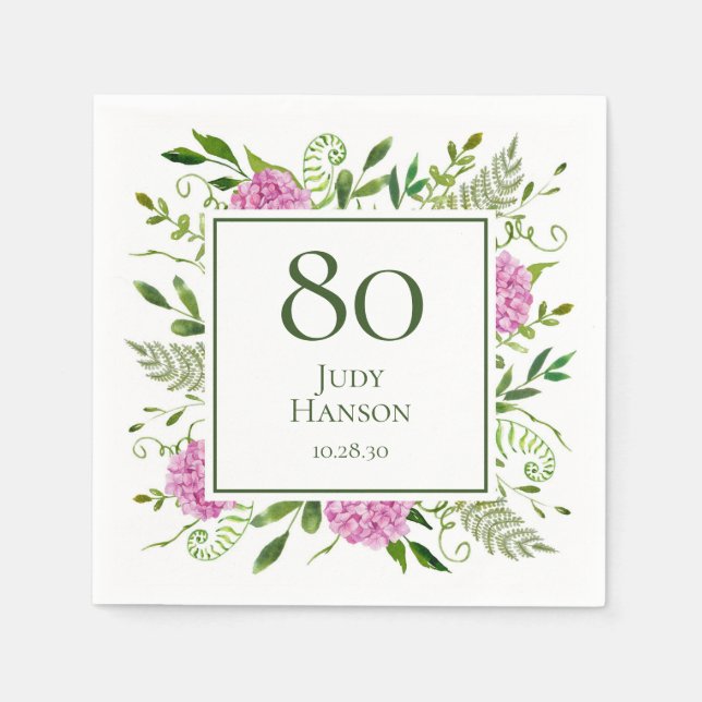 80th Birthday Pink Hydrangeas Napkins (Front)