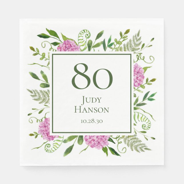 80th Birthday Pink Hydrangeas Napkins (Front)