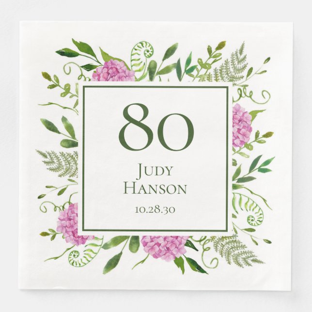 80th Birthday Pink Hydrangeas Paper Dinner Napkins (Front)