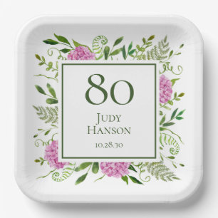 80th Birthday Pink Hydrangeas Paper Plates