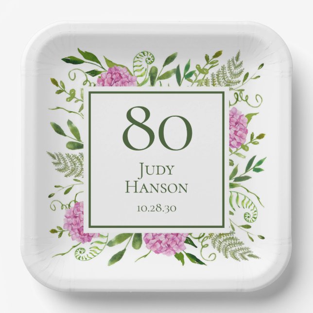 80th Birthday Pink Hydrangeas Paper Plates (Front)