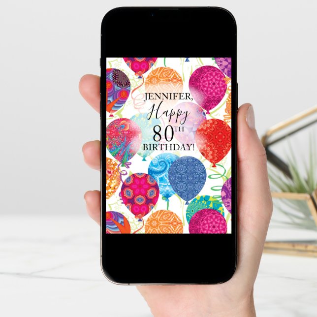 80th Birthday Pink Orange Turquoise Balloons  Card (Front Digital)