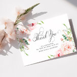80th Birthday Pink Peony Floral Flat Thank You Card<br><div class="desc">Elegant pink peonies decorate this birthday thank you card. Classic calligraphy spells thank you. Three lines of text let you personalize a thank you statement and your name. This item is part of the Elegant Pink Peony collection. It contains professional designed invitation templates, thank you cards, welcome sign templates and...</div>