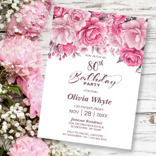 80th Birthday Pink Rose Floral Party Invitation