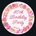 80th Birthday Pink Rose Swirly Heart Envelope Classic Round Sticker<br><div class="desc">This 80th birthday envelope seal adds a pretty touch to your invitation suite. Girly girls of all ages will love this feminine design. Pretty pink watercolor roses and whimsical swirly hearts create the perfect 80th birthday wreath for a February or Valentine's Day birthday. Candy and macarons add to the sweet...</div>