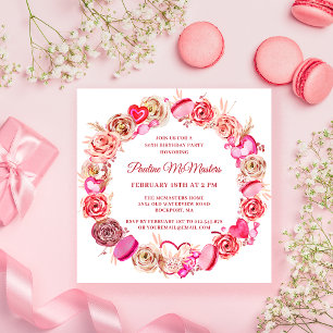 80th Birthday Pink Rose Swirly Heart Valentine Invitation