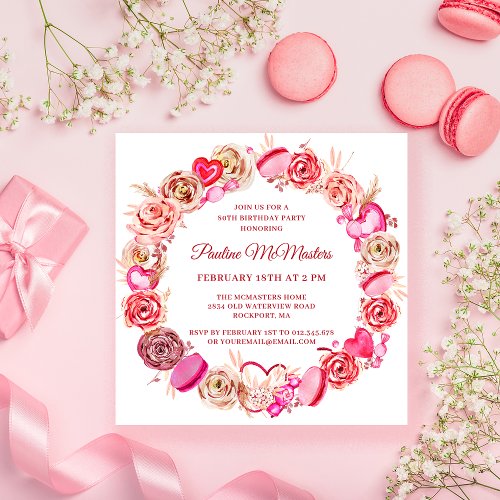 80th Birthday Pink Rose Swirly Heart Valentine Invitation