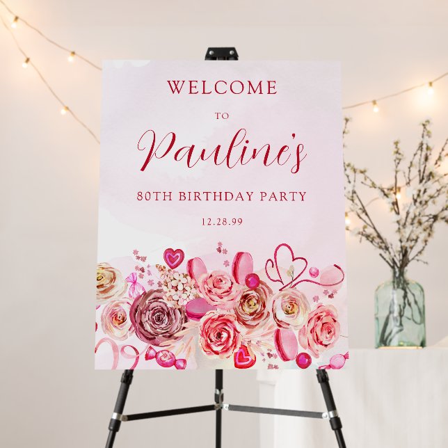 80th Birthday Pink Rose Swirly Heart Welcome Foam Board (In Situ (Stand))