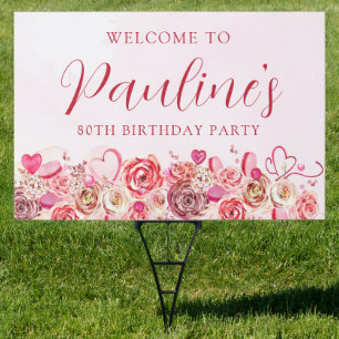 80th Birthday Pink Rose Swirly Heart Welcome Yard Sign