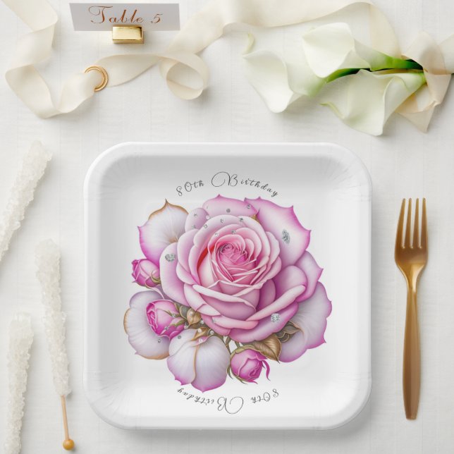 80th Birthday Pink Roses and Sparkling Diamonds Paper Plates (Wedding)