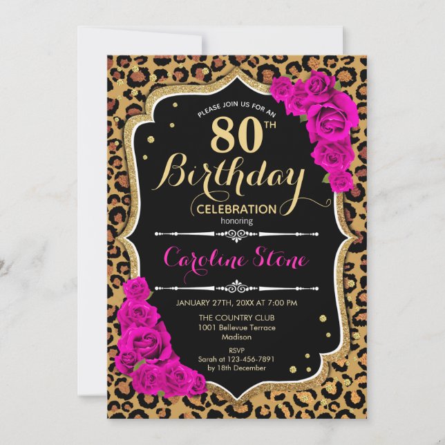 80th Birthday - Pink Roses Leopard Print Invitation (Front)