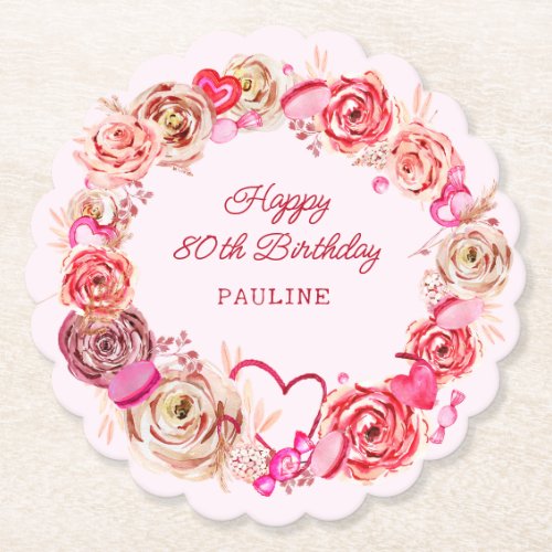 80th Birthday Pink Roses Swirly Heart Paper Coaster