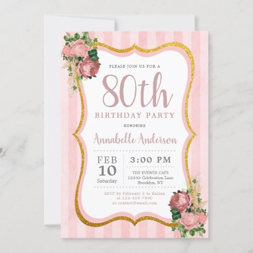 80th Birthday Pink Stripe Floral Gold Glitter Chic Invitation