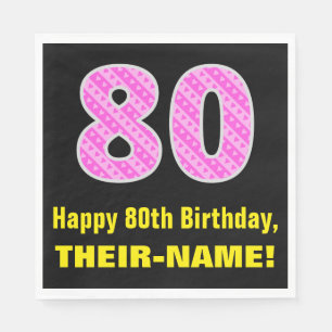 80th Birthday: Pink Stripes and Hearts "80" + Name Napkins