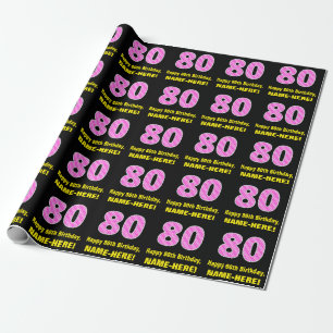 80th Birthday: Pink Stripes and Hearts "80" + Name Wrapping Paper