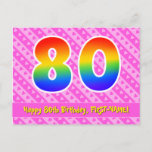 [ Thumbnail: 80th Birthday: Pink Stripes & Hearts, Rainbow 80 Postcard ]