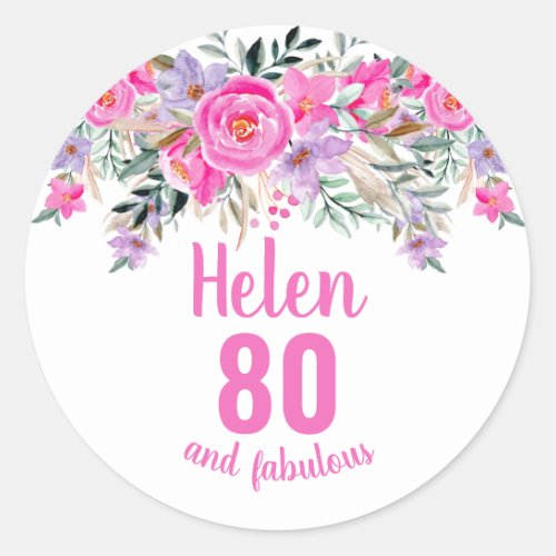 80th birthday pink watercolor floral classic round sticker