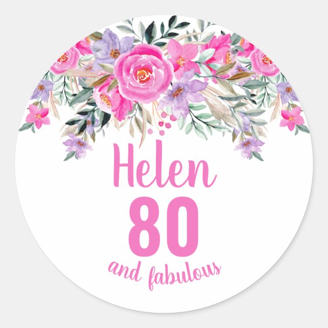 80th birthday pink watercolor floral classic round sticker (Front)