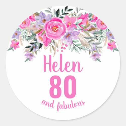 80th birthday pink watercolor floral classic round sticker