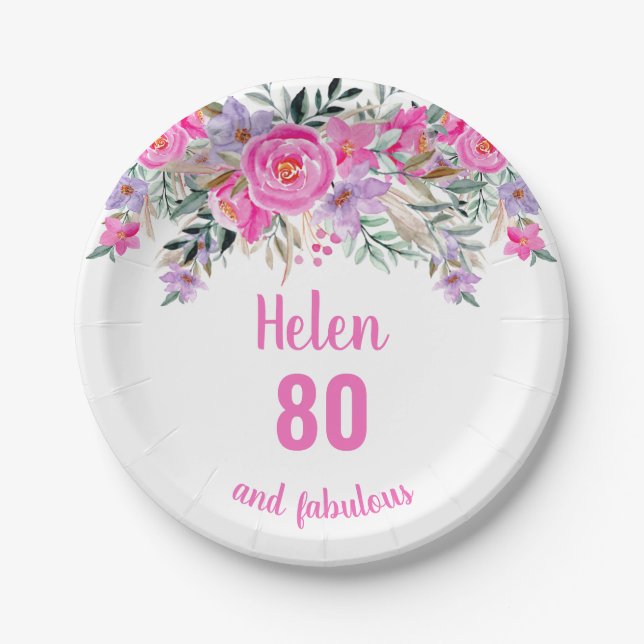 80th birthday pink watercolor floral  paper plates (Front)