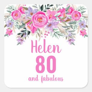 80th birthday pink watercolor floral square sticker