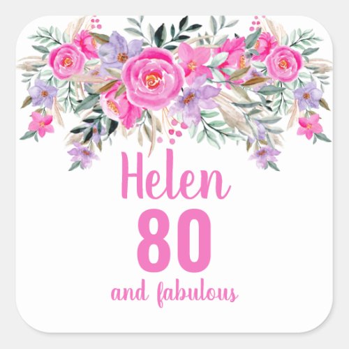 80th birthday pink watercolor floral square sticker
