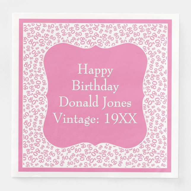 80th Birthday Pink/White Bracket Number Pattern Paper Dinner Napkins (Front)