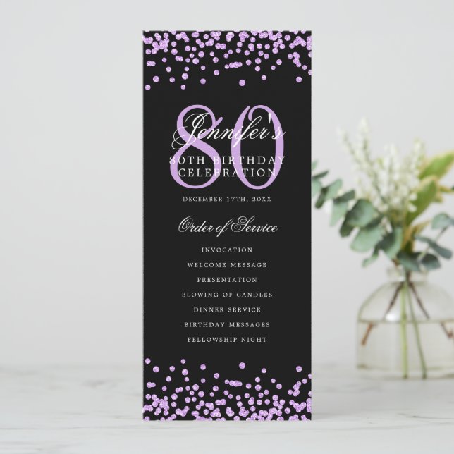 80th Birthday Program Confetti Purple Black  (Standing Front)