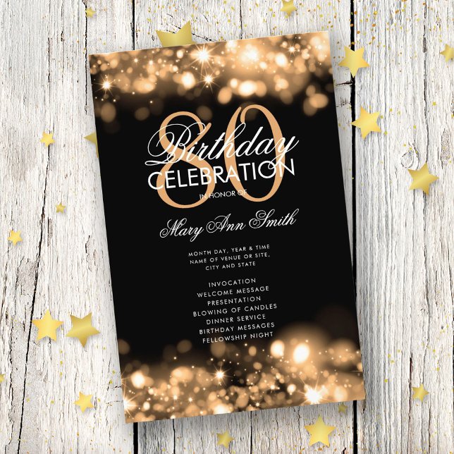 80th Birthday Program Glam Lights Gold Menu  Flyer (Creator Uploaded)