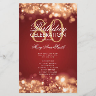 80th Birthday Program Glam Lights Gold Red Menu Flyer