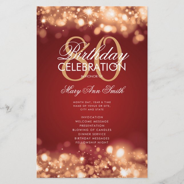 80th Birthday Program Glam Lights Gold Red Menu  Flyer (Front)