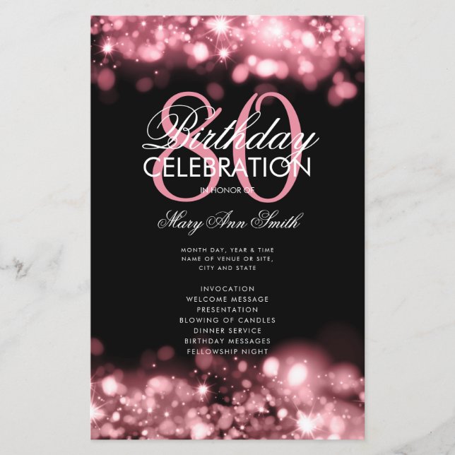 80th Birthday Program Glam Lights Rose Gold Menu (Front)