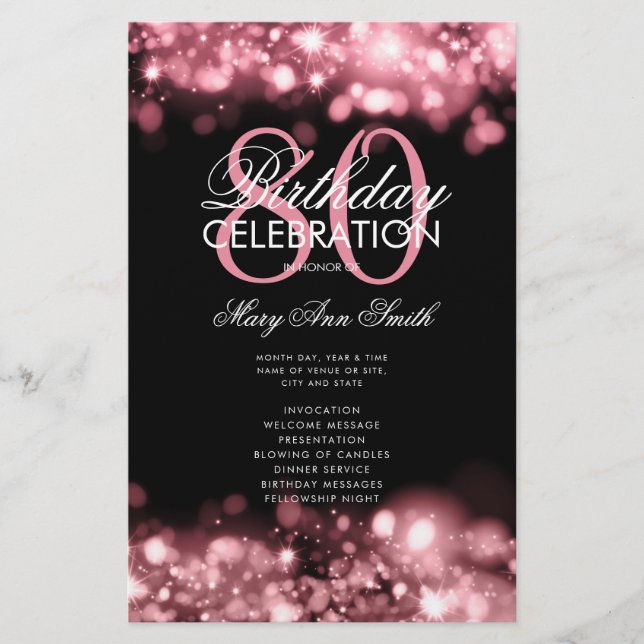80th Birthday Program Glam Lights Rose Gold Menu  Flyer (Front)